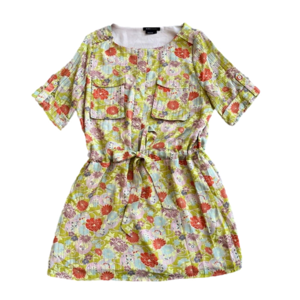 BCBGMAXAZRIA Floral Print Chinoiserie Mini Dress, Drawstring Waist, Size Large